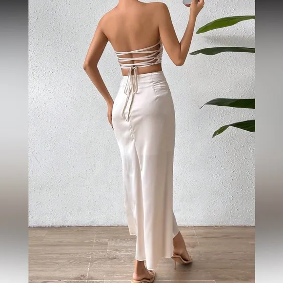 Ivory cream satin flower detail matching crop top &amp; twist midi skirt coord set