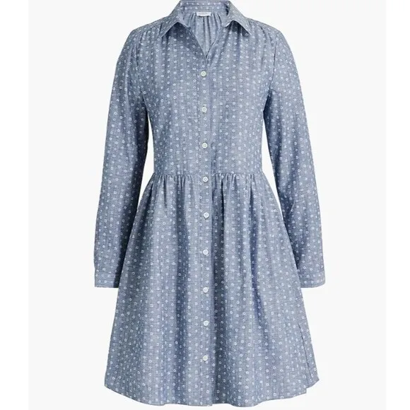 J CREW Dress Women 10 Chambray Ditsy Floral Long Sleeve Button Up Preppy Trad