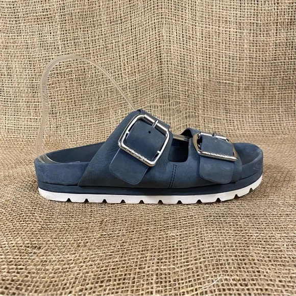 J Slides Sandals Slip On  Flats Straps Buckle Blue Leather 7.5