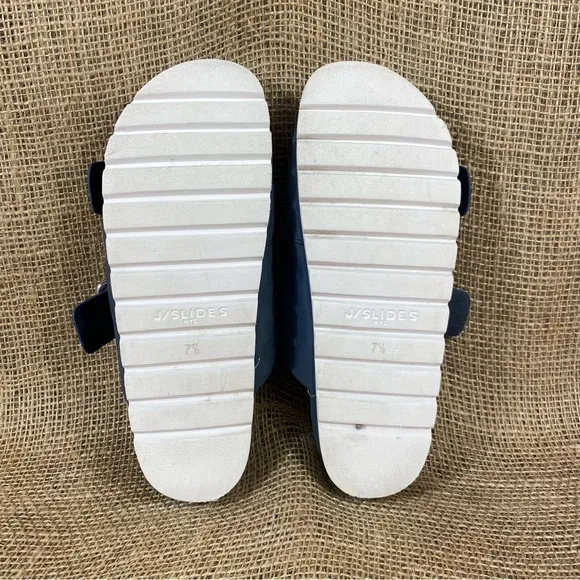 J Slides Sandals Slip On  Flats Straps Buckle Blue Leather 7.5