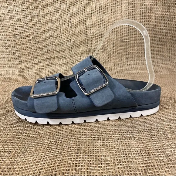 J Slides Sandals Slip On  Flats Straps Buckle Blue Leather 7.5