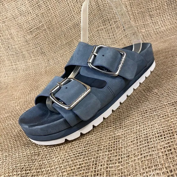 J Slides Sandals Slip On  Flats Straps Buckle Blue Leather 7.5