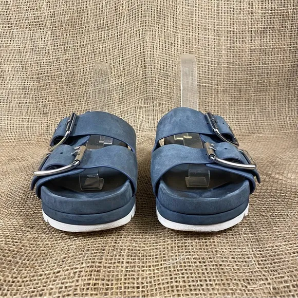 J Slides Sandals Slip On  Flats Straps Buckle Blue Leather 7.5