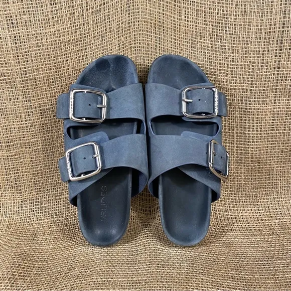 J Slides Sandals Slip On  Flats Straps Buckle Blue Leather 7.5