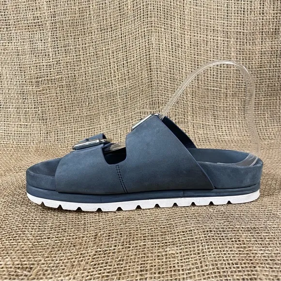 J Slides Sandals Slip On  Flats Straps Buckle Blue Leather 7.5