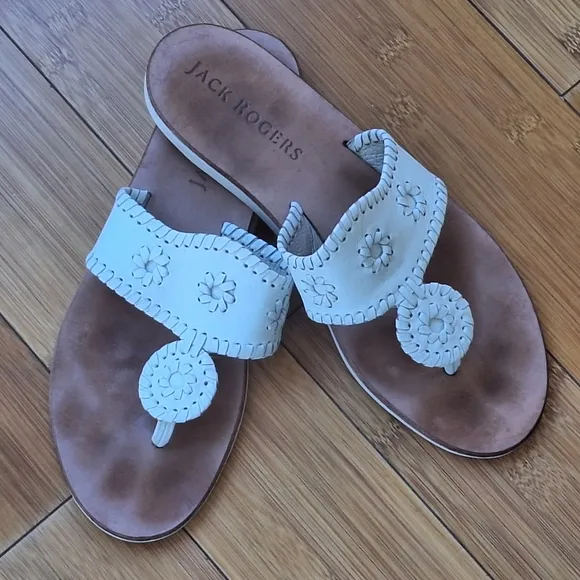 Jack Rogers Signature Jacks Flat Sandals Size 8 White Capri Crafted in Brazil