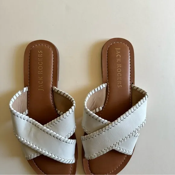 Jack Rogers White Leather Sloane X Cross Band Slip On Sandals