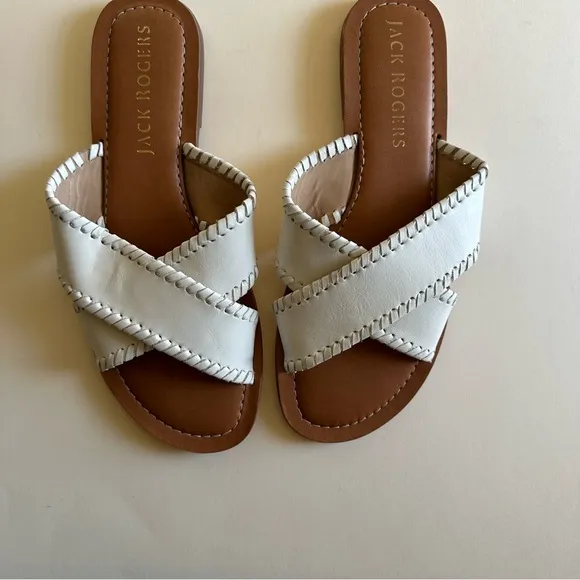 Jack Rogers White Leather Sloane X Cross Band Slip On Sandals