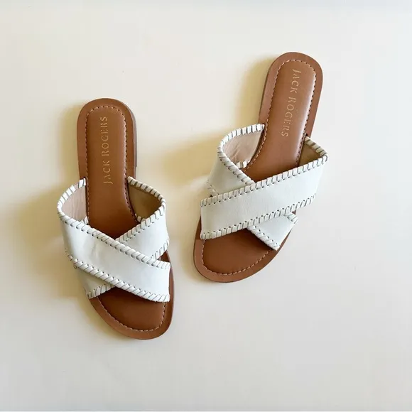 Jack Rogers White Leather Sloane X Cross Band Slip On Sandals