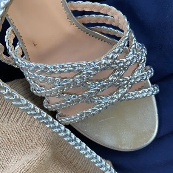 J.Crew / metallic braided Leather Silver Sandals heels 8
