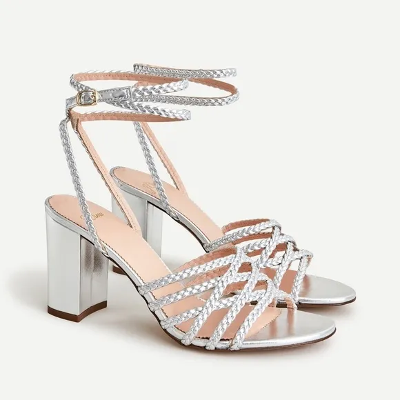 J.Crew / metallic braided Leather Silver Sandals heels 8