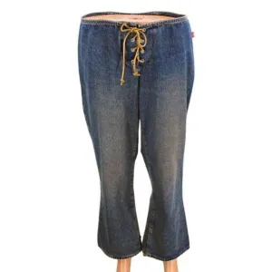 Jeans Vintage Leather Lace Up Mid-Rise Faded Flared Cropped Blue Junior Size 11