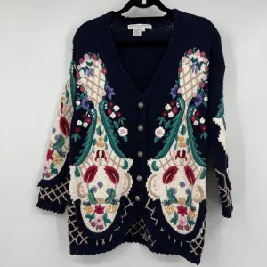 Jennifer &amp; Company Knit Blue Floral Embroidered Sweater Jacket woman's size smal