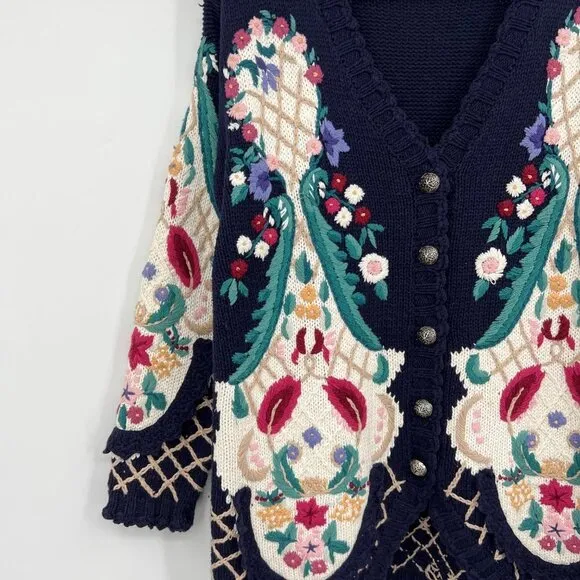 Jennifer &amp; Company Knit Blue Floral Embroidered Sweater Jacket woman's size smal