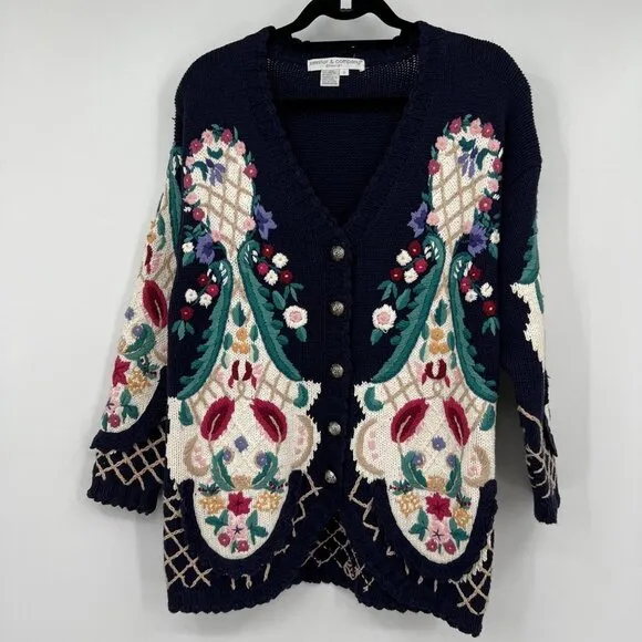 Jennifer &amp; Company Knit Blue Floral Embroidered Sweater Jacket woman's size smal