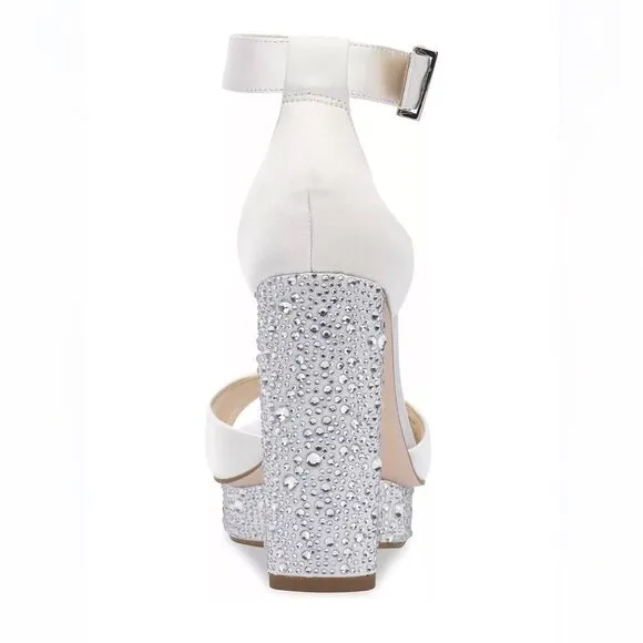 Jessica Simpson Everyn White Matte Satin Rhinestone Platform Heeled Sandals New