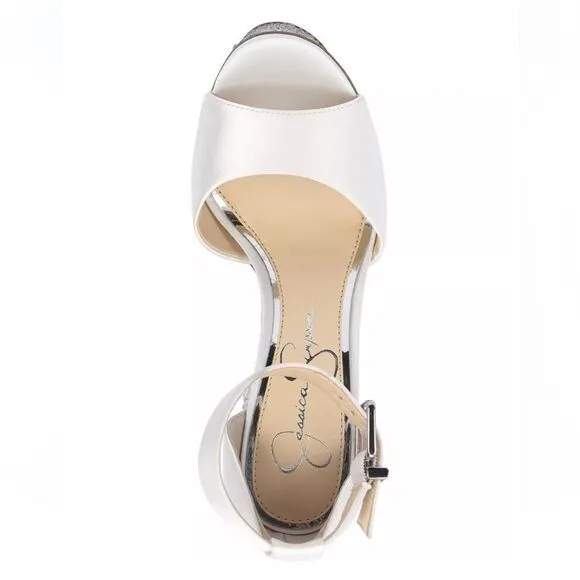 Jessica Simpson Everyn White Matte Satin Rhinestone Platform Heeled Sandals New