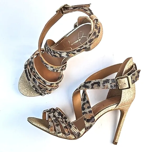 Jessica Simpson Mahley Gold Glitter Animal Print Crystal Strap Stiletto Sandal