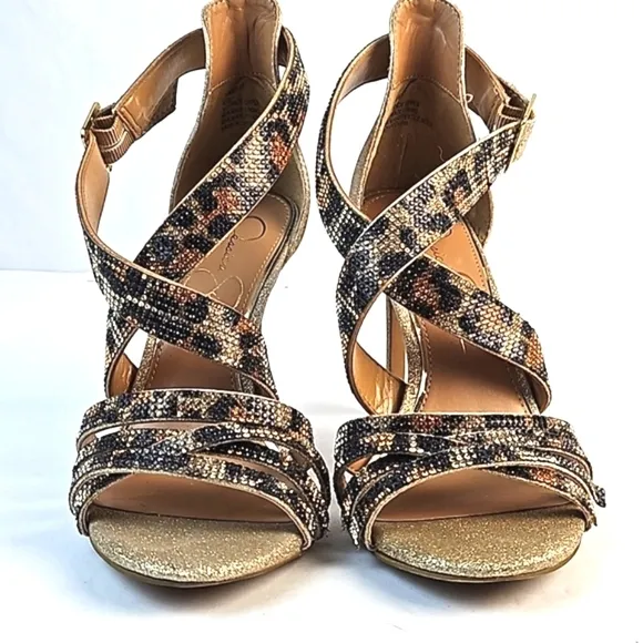 Jessica Simpson Mahley Gold Glitter Animal Print Crystal Strap Stiletto Sandal