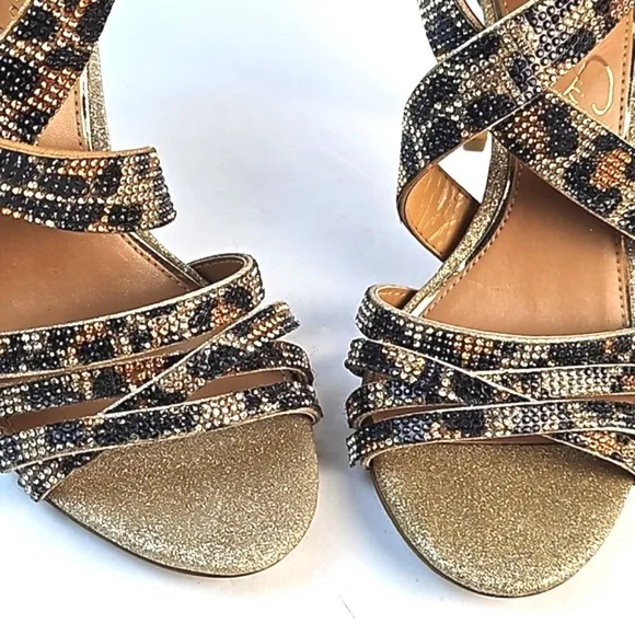 Jessica Simpson Mahley Gold Glitter Animal Print Crystal Strap Stiletto Sandal