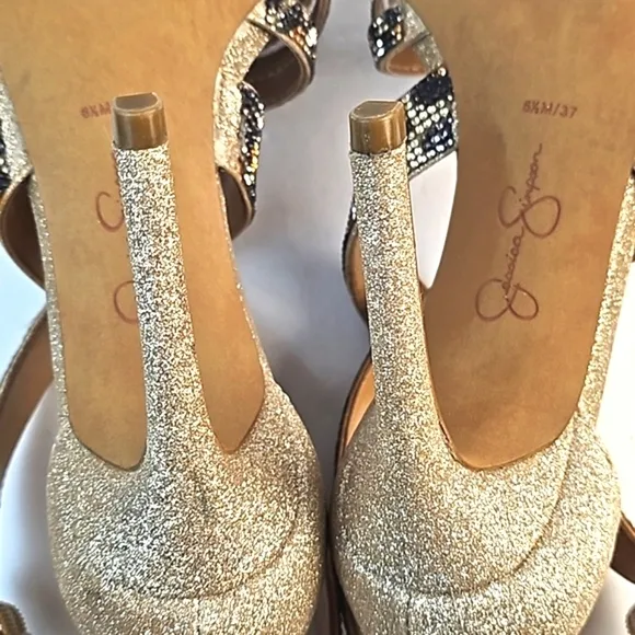 Jessica Simpson Mahley Gold Glitter Animal Print Crystal Strap Stiletto Sandal