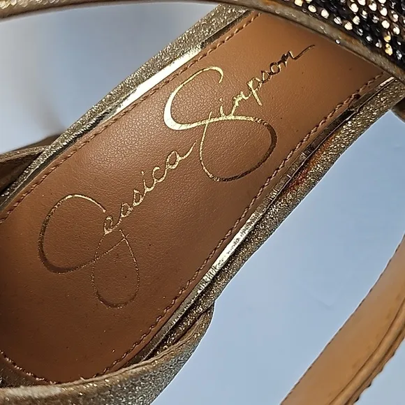 Jessica Simpson Mahley Gold Glitter Animal Print Crystal Strap Stiletto Sandal