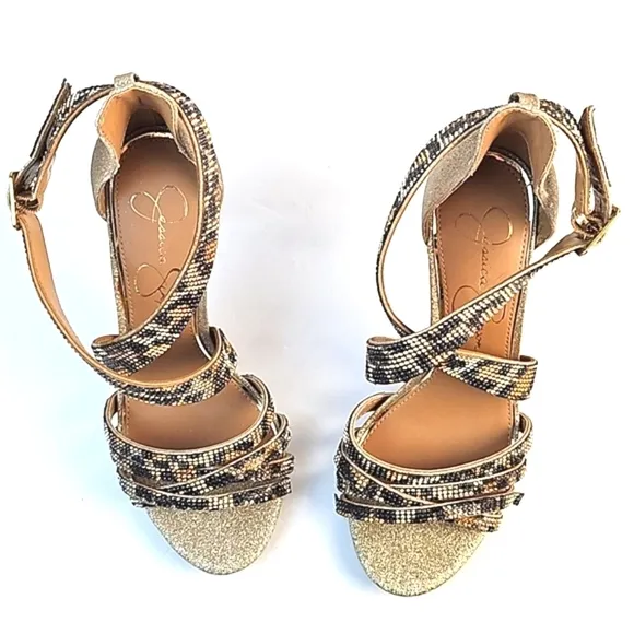 Jessica Simpson Mahley Gold Glitter Animal Print Crystal Strap Stiletto Sandal