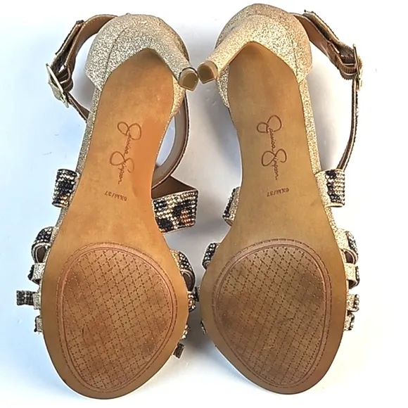 Jessica Simpson Mahley Gold Glitter Animal Print Crystal Strap Stiletto Sandal