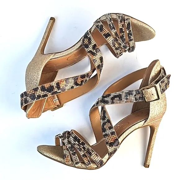 Jessica Simpson Mahley Gold Glitter Animal Print Crystal Strap Stiletto Sandal