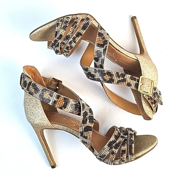 Jessica Simpson Mahley Gold Glitter Animal Print Crystal Strap Stiletto Sandal