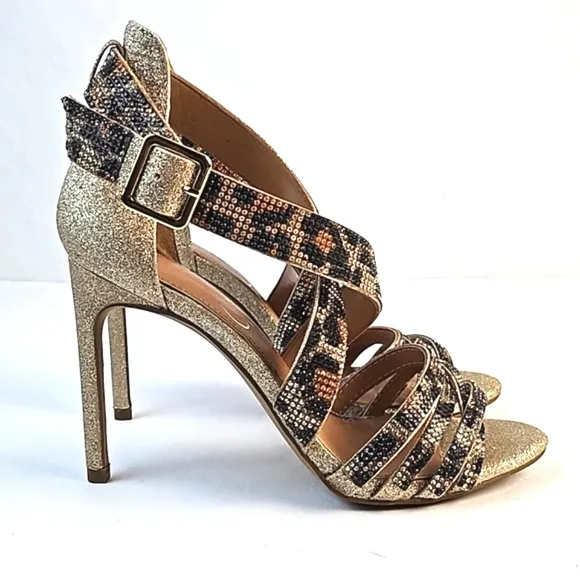 Jessica Simpson Mahley Gold Glitter Animal Print Crystal Strap Stiletto Sandal