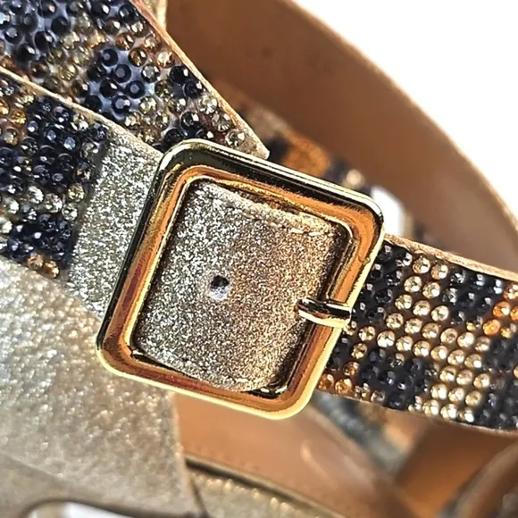 Jessica Simpson Mahley Gold Glitter Animal Print Crystal Strap Stiletto Sandal