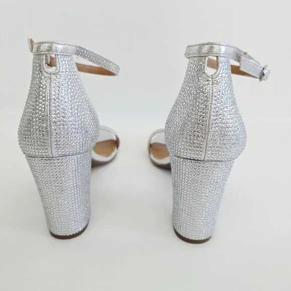 Jessica Simpson Silver Sparkly Rhinestone Block Heels Strappy Sandals Size 9