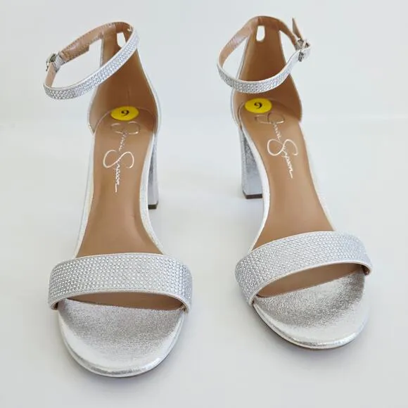Jessica Simpson Silver Sparkly Rhinestone Block Heels Strappy Sandals Size 9