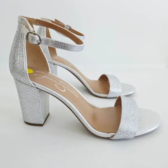 Jessica Simpson Silver Sparkly Rhinestone Block Heels Strappy Sandals Size 9