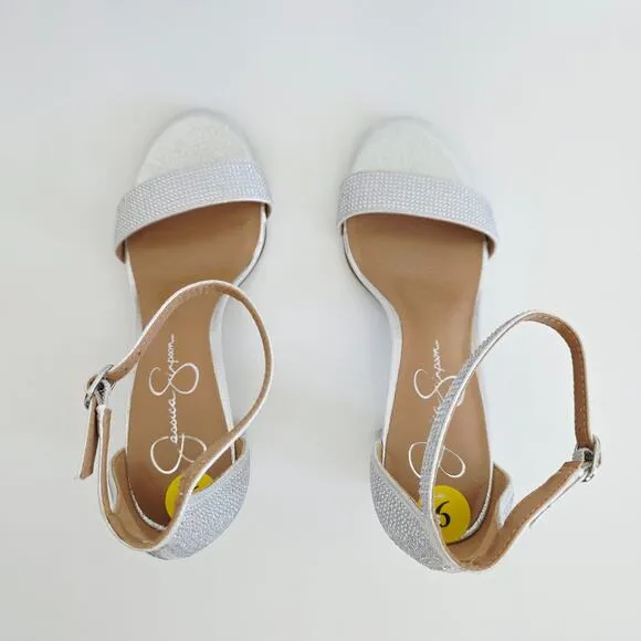 Jessica Simpson Silver Sparkly Rhinestone Block Heels Strappy Sandals Size 9
