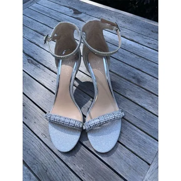 Jewel Badgley Mischka Randy Embellished Open Toe Silver Glitter Heeled Sandal 8