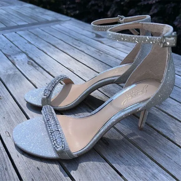 Jewel Badgley Mischka Randy Embellished Open Toe Silver Glitter Heeled Sandal 8