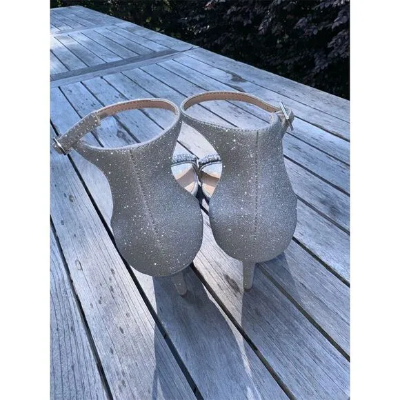 Jewel Badgley Mischka Randy Embellished Open Toe Silver Glitter Heeled Sandal 8