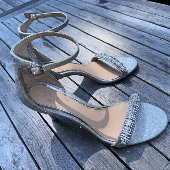 Jewel Badgley Mischka Randy Embellished Open Toe Silver Glitter Heeled Sandal 8