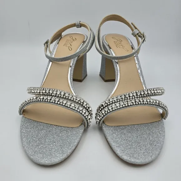 Jewel Badgley Mischka Rosa Block Heel Sandals with Gemstone Straps, Silver, 9.5
