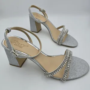 Jewel Badgley Mischka Rosa Block Heel Sandals with Gemstone Straps, Silver, 9.5