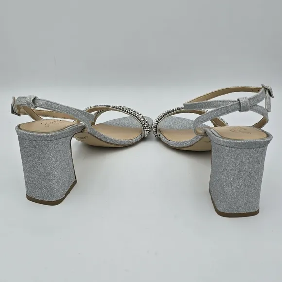 Jewel Badgley Mischka Rosa Block Heel Sandals with Gemstone Straps, Silver, 9.5