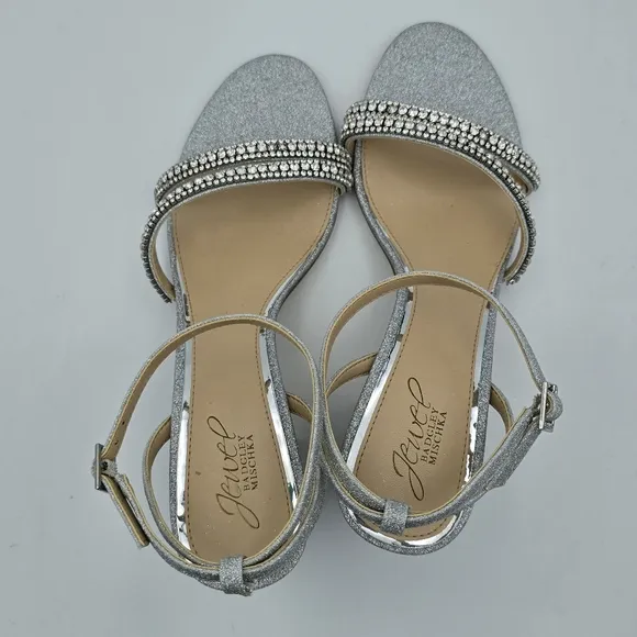 Jewel Badgley Mischka Rosa Block Heel Sandals with Gemstone Straps, Silver, 9.5