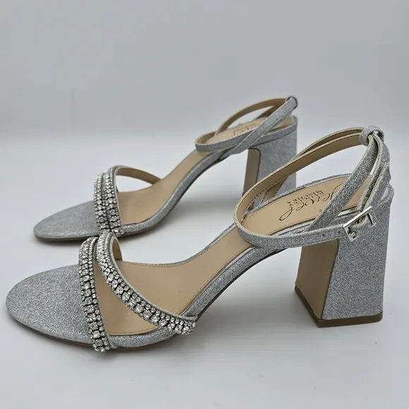 Jewel Badgley Mischka Rosa Block Heel Sandals with Gemstone Straps, Silver, 9.5