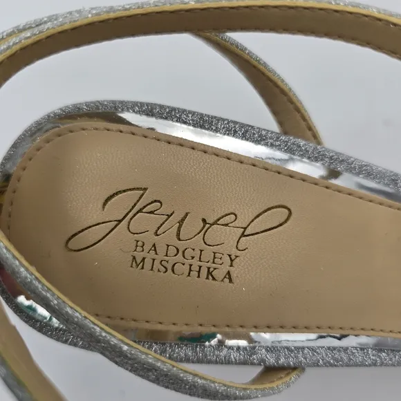 Jewel Badgley Mischka Rosa Block Heel Sandals with Gemstone Straps, Silver, 9.5