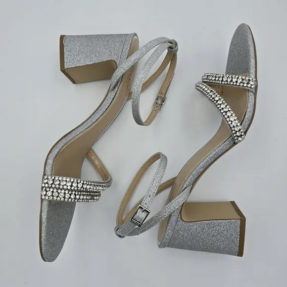 Jewel Badgley Mischka Rosa Block Heel Sandals with Gemstone Straps, Silver, 9.5