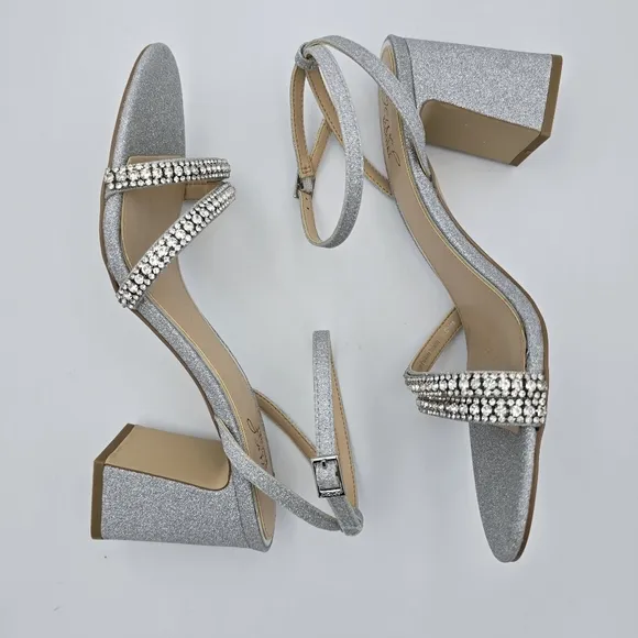 Jewel Badgley Mischka Rosa Block Heel Sandals with Gemstone Straps, Silver, 9.5