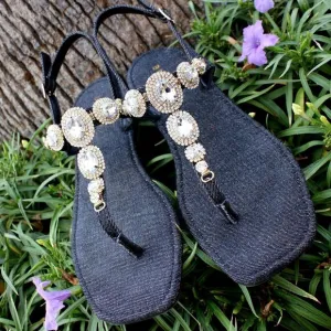 Jeweled Dark Black Denim Dressy Strap Bling Gold Accent Sandals Size 7/7.5/8/8.5