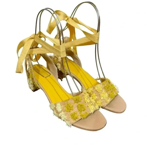 Jigsaw Mysha Raffia Pom Pom Lace Up Tie Low Heel Sandals